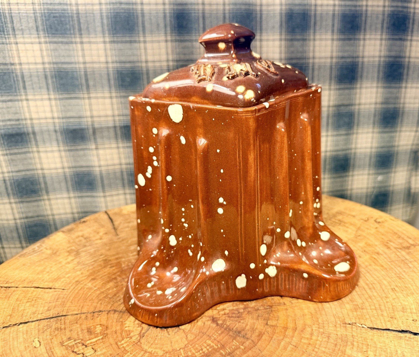 ANTIQUE BROWN GLAZED CERAMIC  PIPE HOLDER STAND - H M C  - Tobacco Humidor RARE