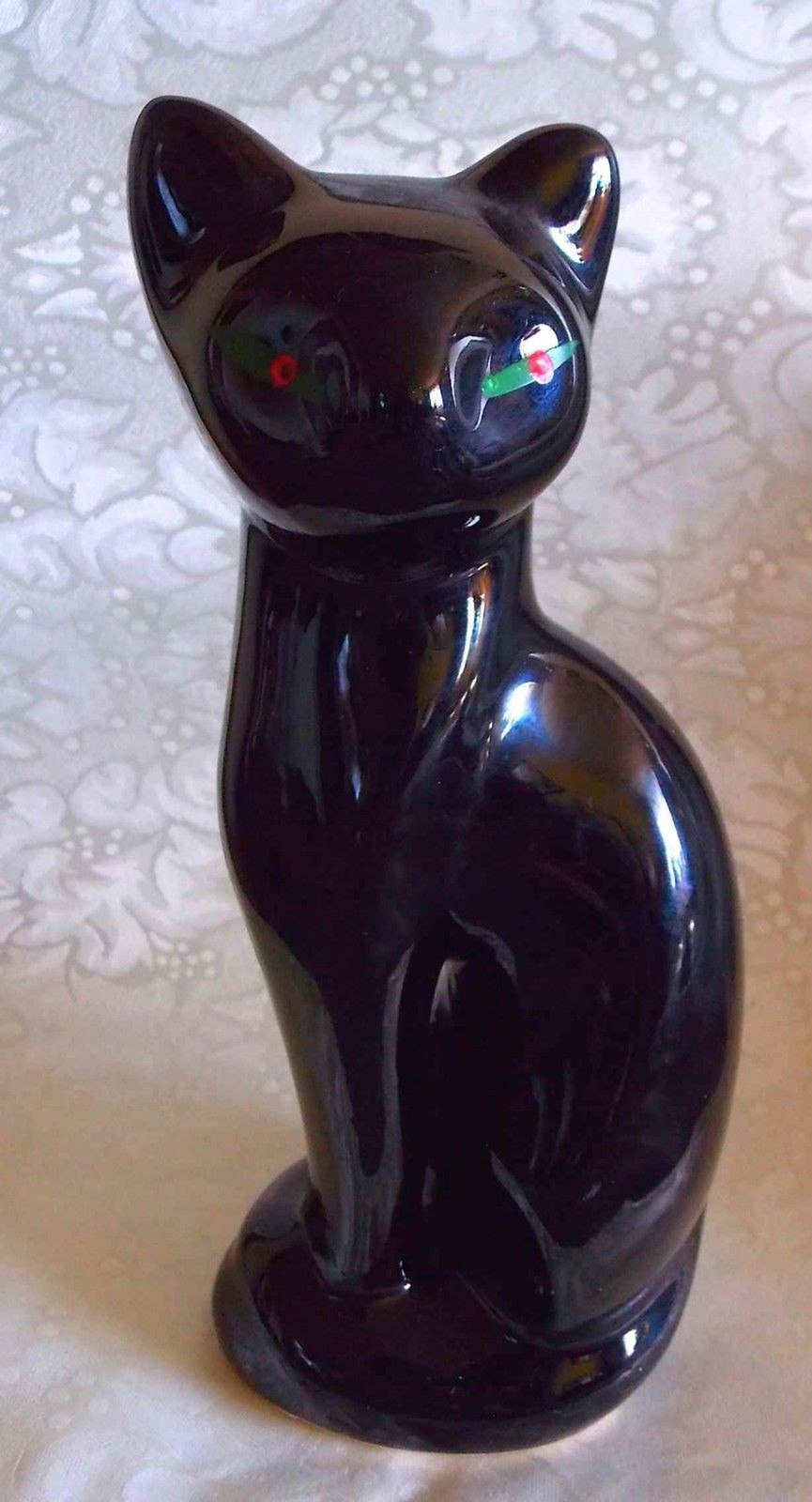 Ceramic Black Cat Art Deco Retro Mid Century Figurine 1950\'s 1960\'s  Green Eyes