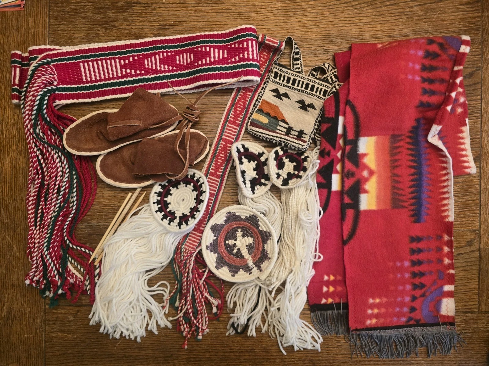 Navajo Hand Woven Ceremonial Sashes, Hair Bun Covers, Moccasins And More