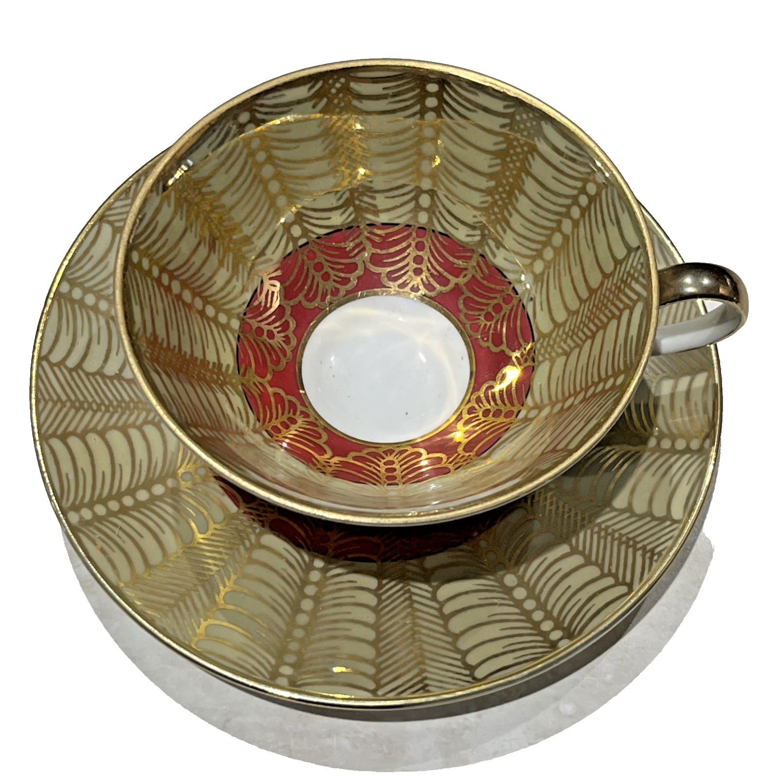 Vtg Winterling Bavaria Marktleuthen Tea Cup & Saucer Gold Drape Design & Maroon