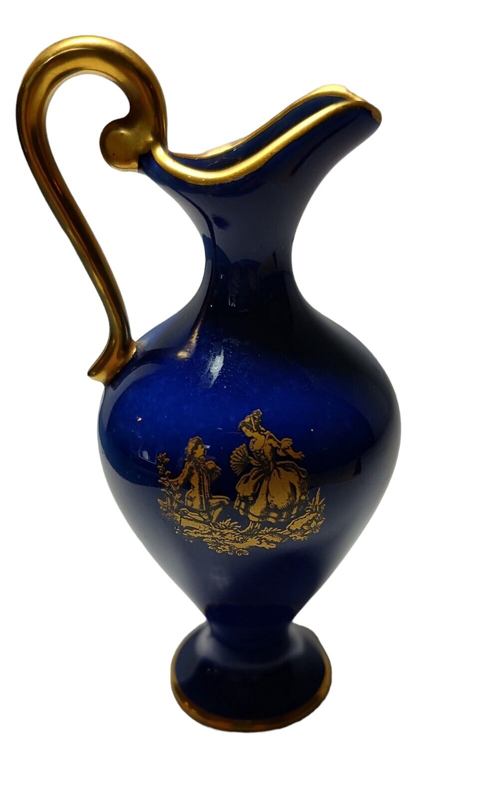 Vintage West Germany Cobalt Blue Gold Trim Courting Couple Small Pitcher Vase