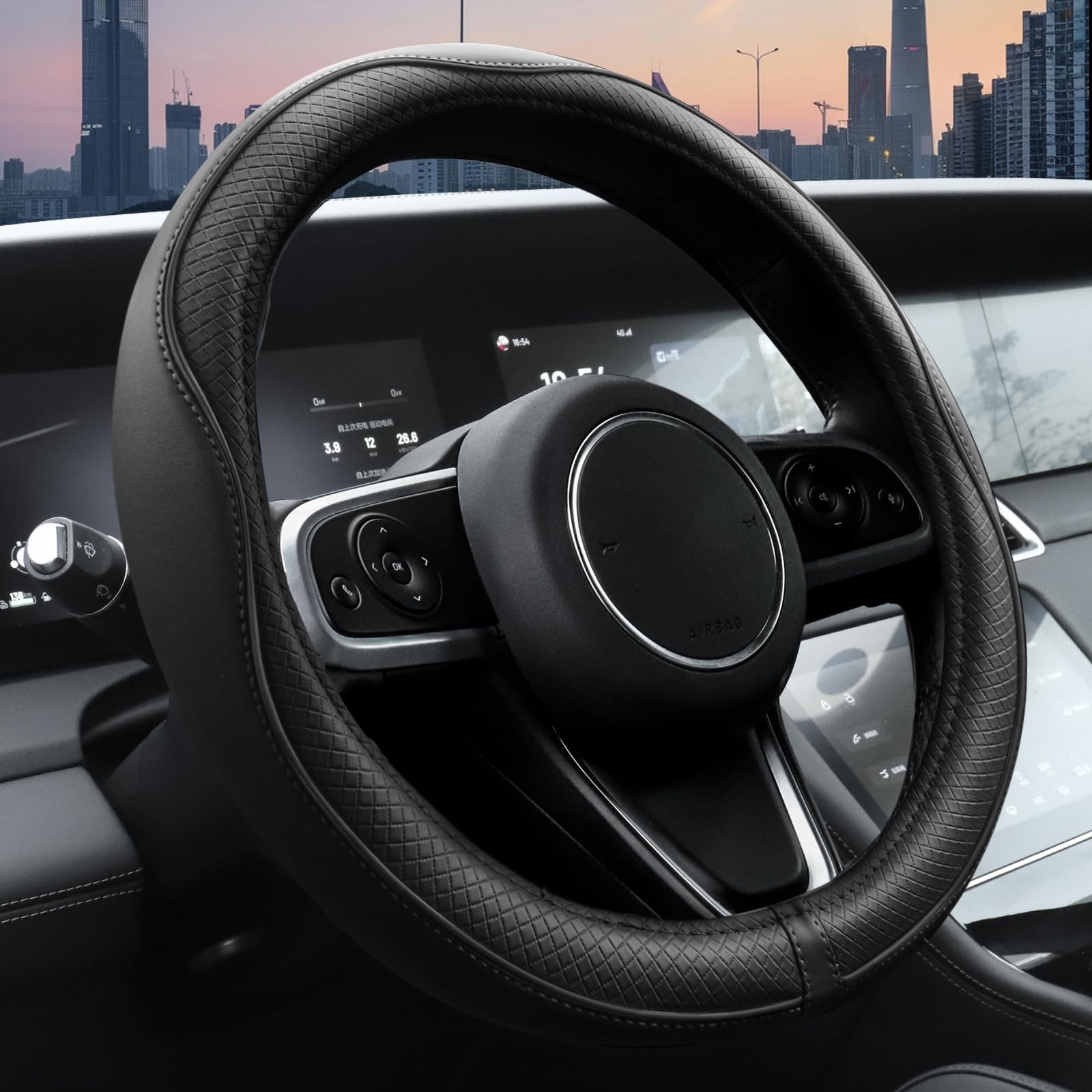 Ouzorp Car Steering Wheel Cover Microfiber Leather Anti Slip Universal 14.5-15in Ouzorp Car Steering Wheel Cover Microfiber Leather Anti Slip Universal 14.5-15in