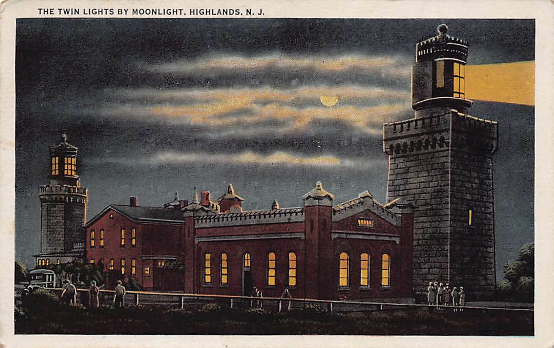 Postcard The Twin Lights by Moonlight Highlands New Jersey NJ