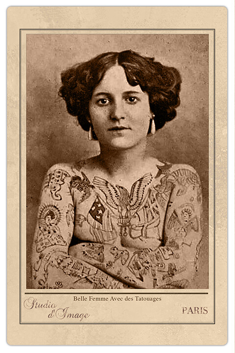TATTOOED LADY FRANCE ca1907 Vintage Photograph Cabinet Card RP Tattoo