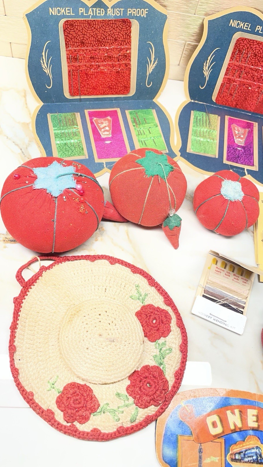 Vintage Sewing Notions/ Tomato/strawberry Pin Cushions/ Advertising/sew Needles