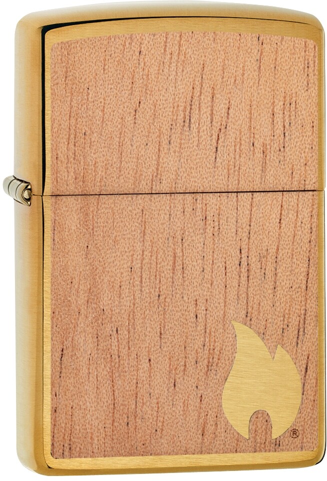 ZIPPO Flame On Wood Brushed Brass w/ Mahogany Emblem 29901 **NEW**