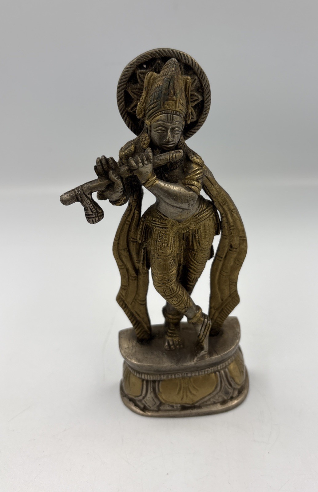 Vintage Brass Krishna Statue Playing Flute 6” Hindu Deity Idol Unsigned Art