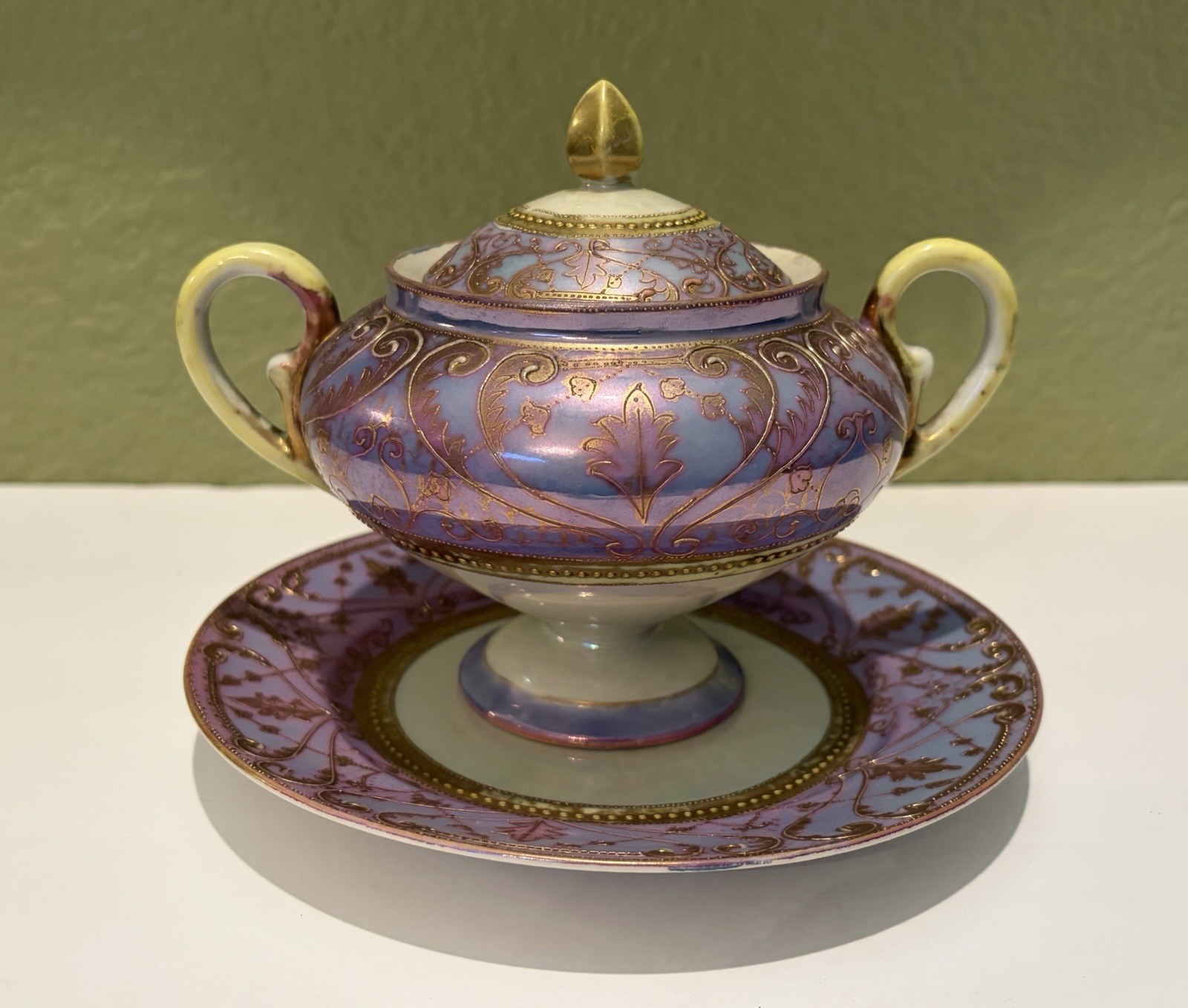 Vintage Lavender Moriage Sugar Bowl Gold Gilt Double Handle 7” Underplate Vintage Lavender Moriage Sugar Bowl Gold Gilt Double Handle 7” Underplate