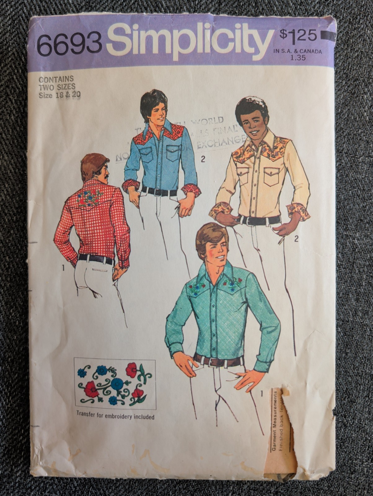 Vtg Simplicity Pattern #6693 Western Cowboy Shirt Two Sizes 18 & 20 NO TRANSFER