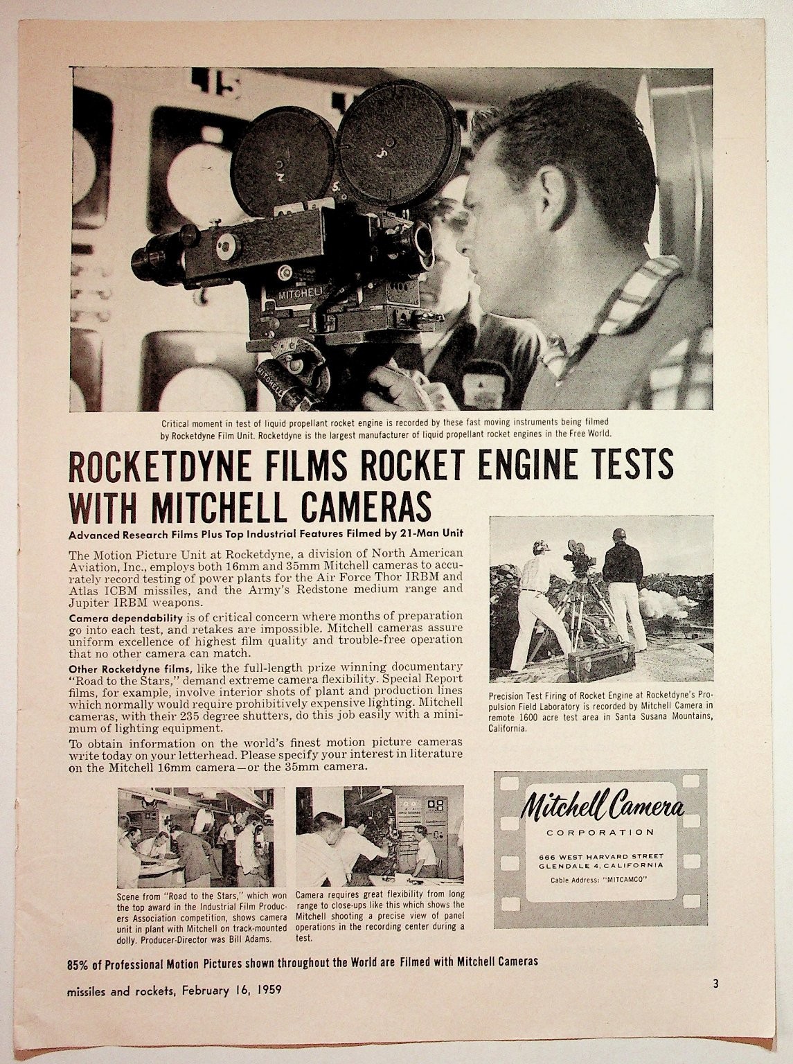 Mitchell Camera Rocketdyne Missile Engine Film Test Vintage Magazine Ad 1959 Mitchell Camera Rocketdyne Missile Engine Film Test Vintage Magazine Ad 1959