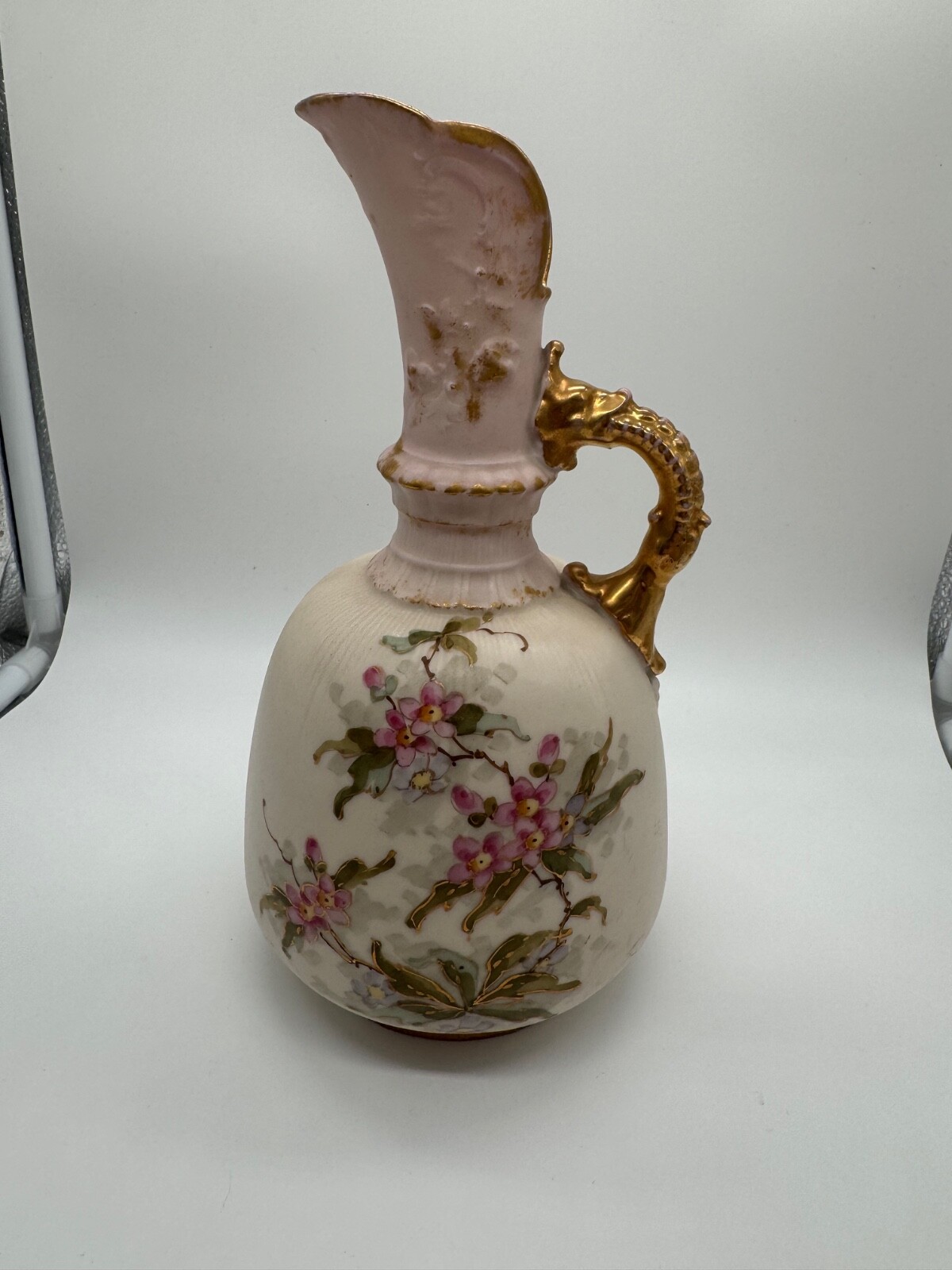 Antique Likely European Porcelain Ewer Vase w/ Pink Flowers Decoration