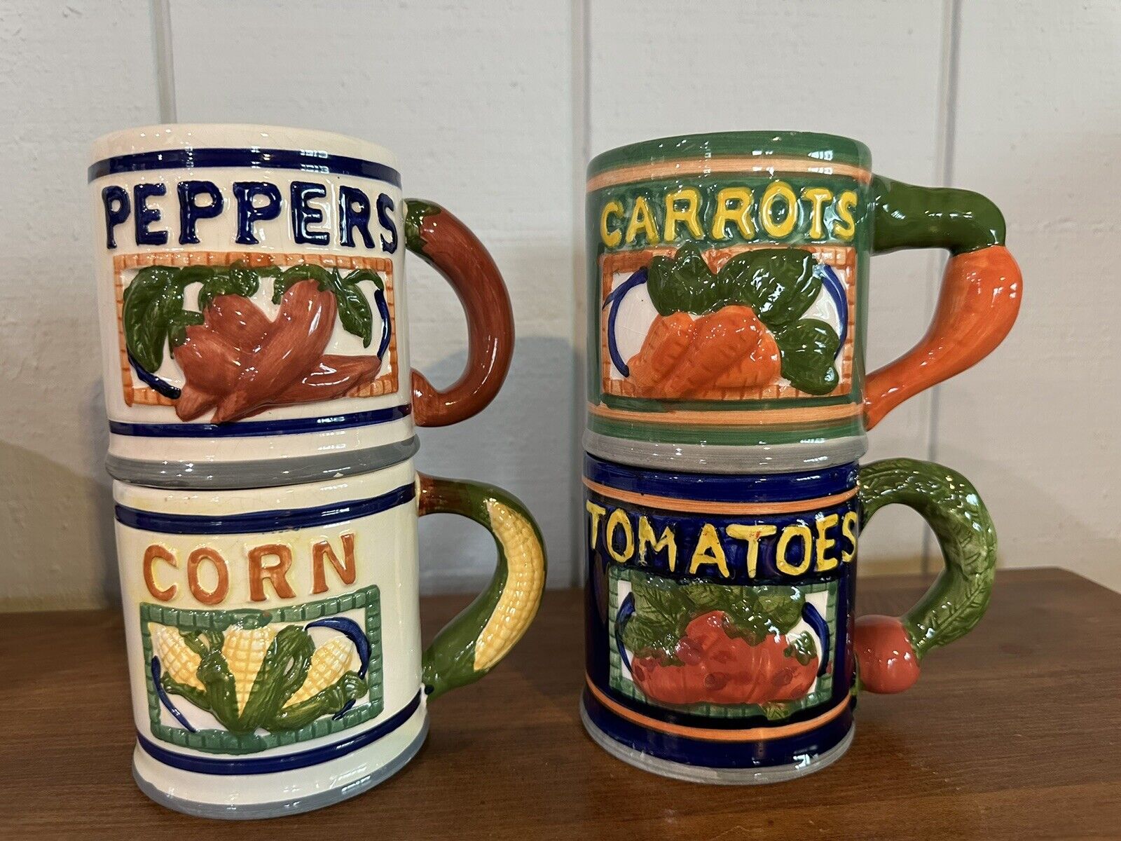 VTG Set Of 4 Coffee Mugs Corn, Peppers, Tomatoes, Carrots