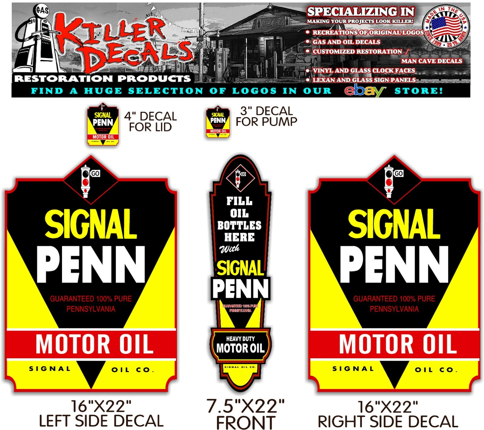 (SIG-10) COMPLETE SIGNAL PENN MOTOR OIL PUMP TANK LUBSTER LUBESTER STICKER SET
