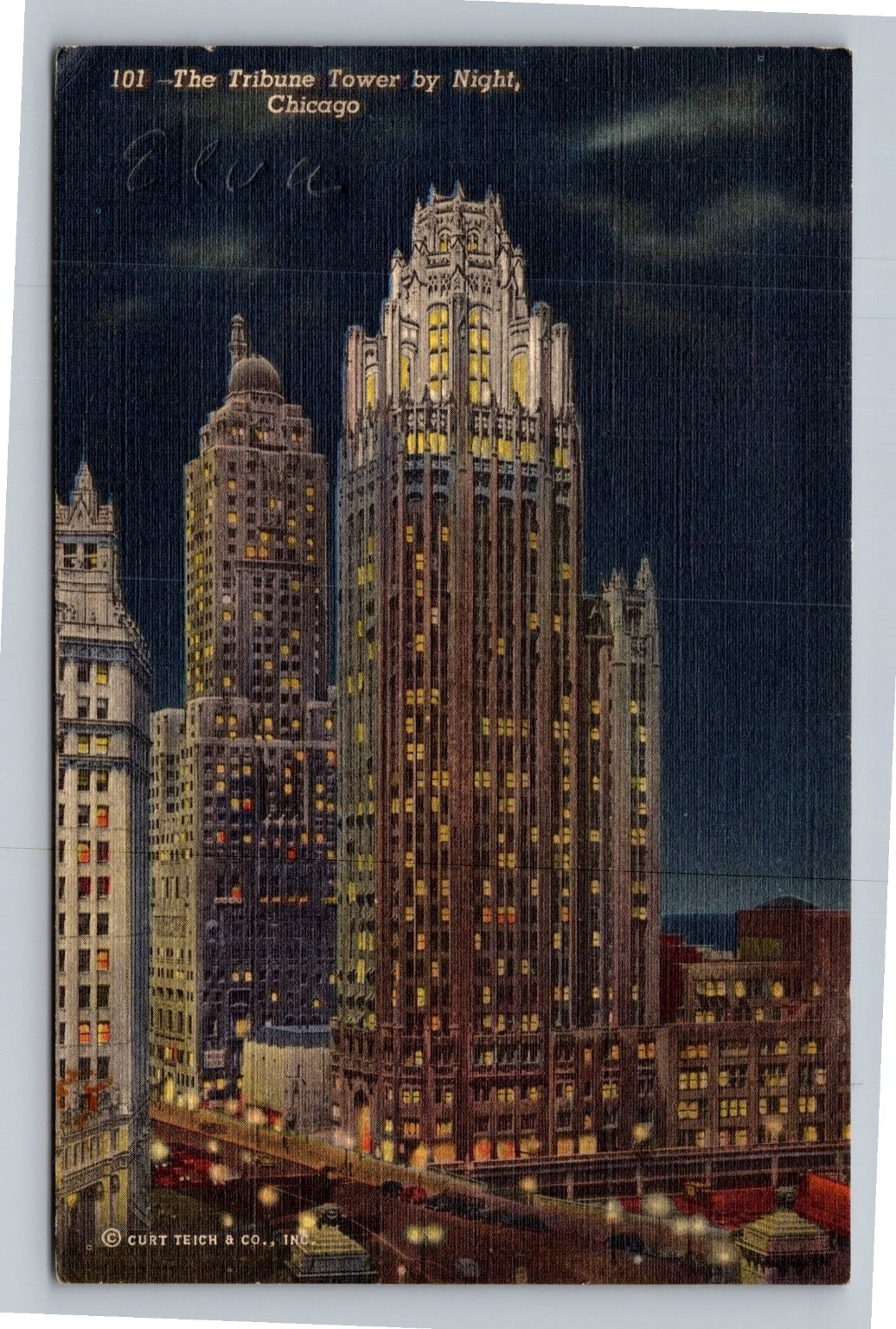 1947 Chicago Tribune Tower by Night Postcard - Curt Teich Colortone 1947 Chicago Tribune Tower by Night Postcard - Curt Teich Colortone