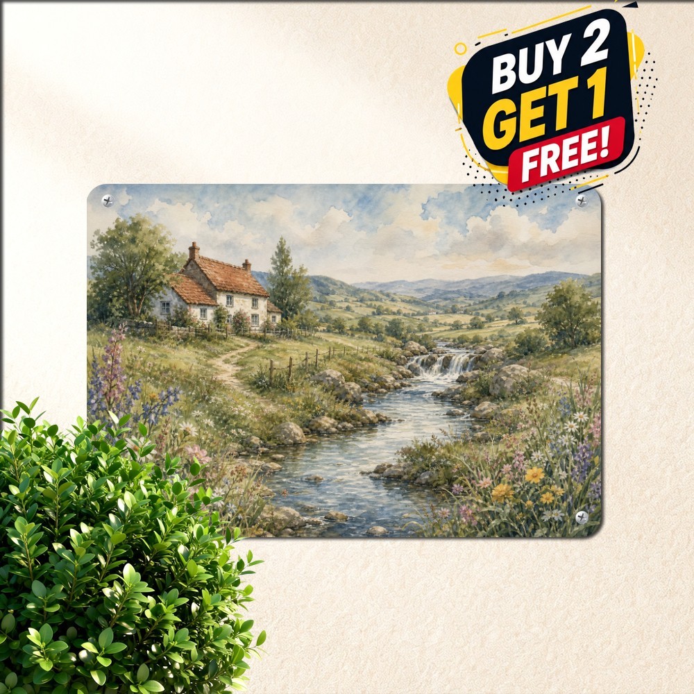 vintage countryside watercolor landscape cottage red roof meandering