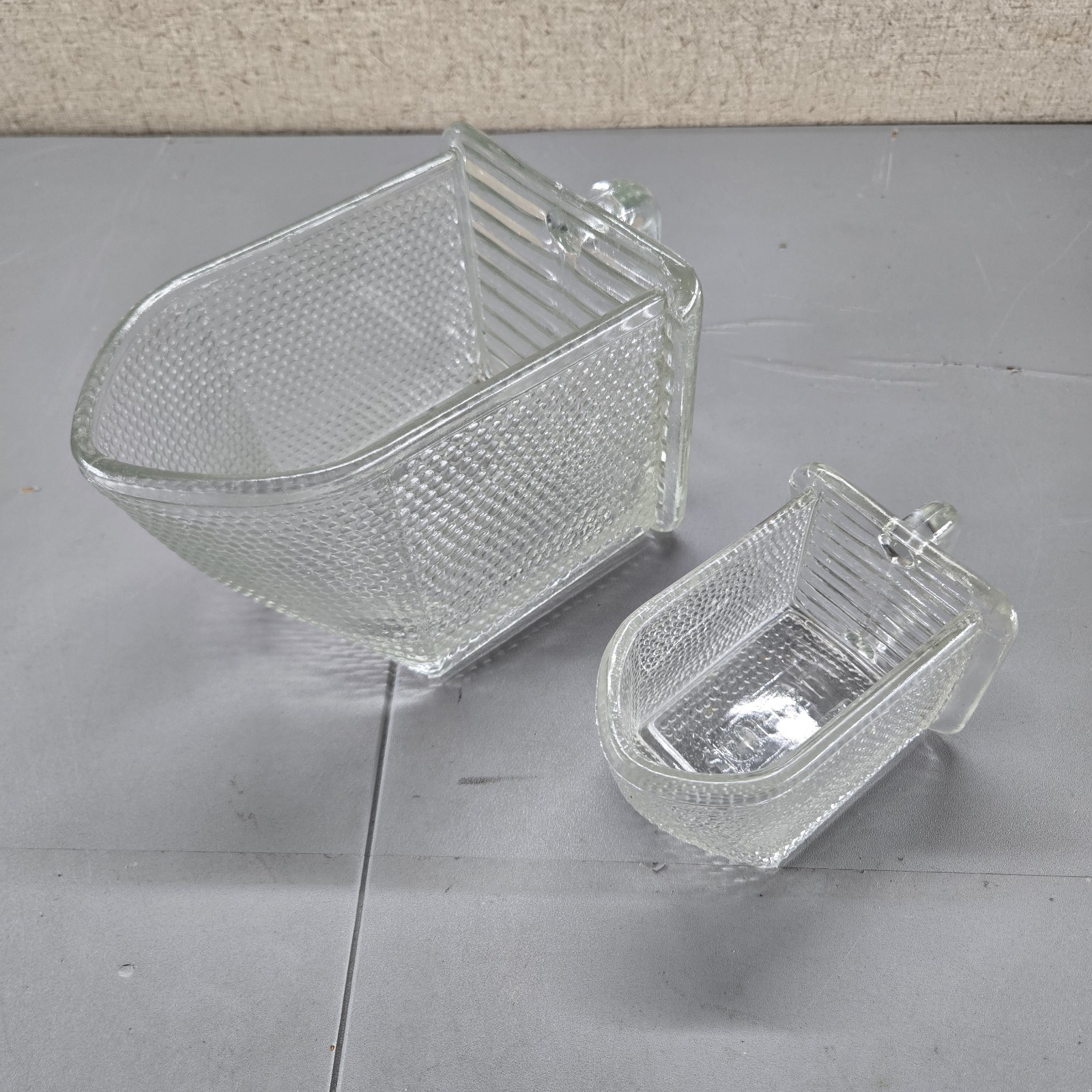 2 Poncet Glass Scoops for Hoosier Sellers Cabinet German Chute Set c.1910-30’s