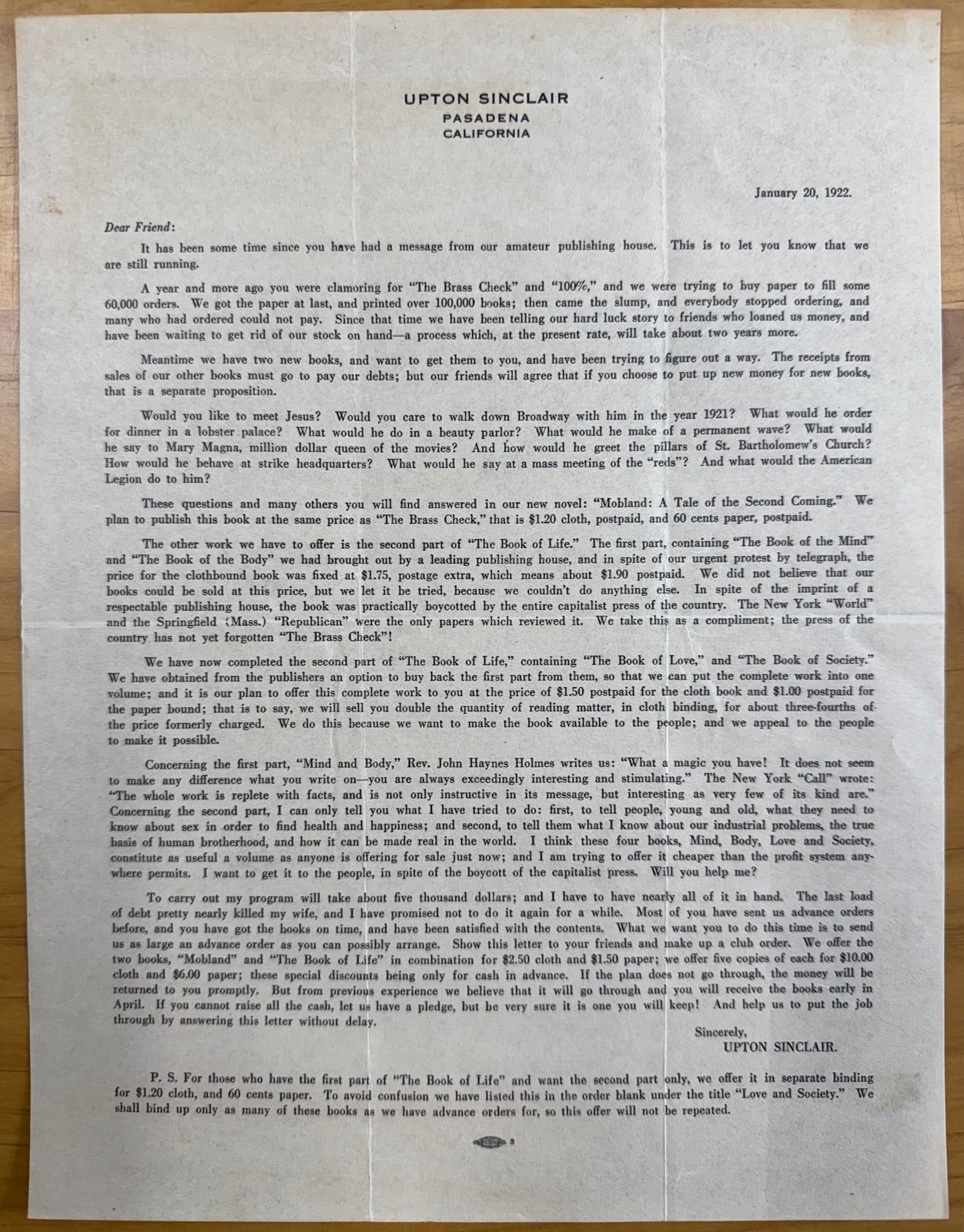 1922 Newsletter from Author/Publisher Upton Sinclair
