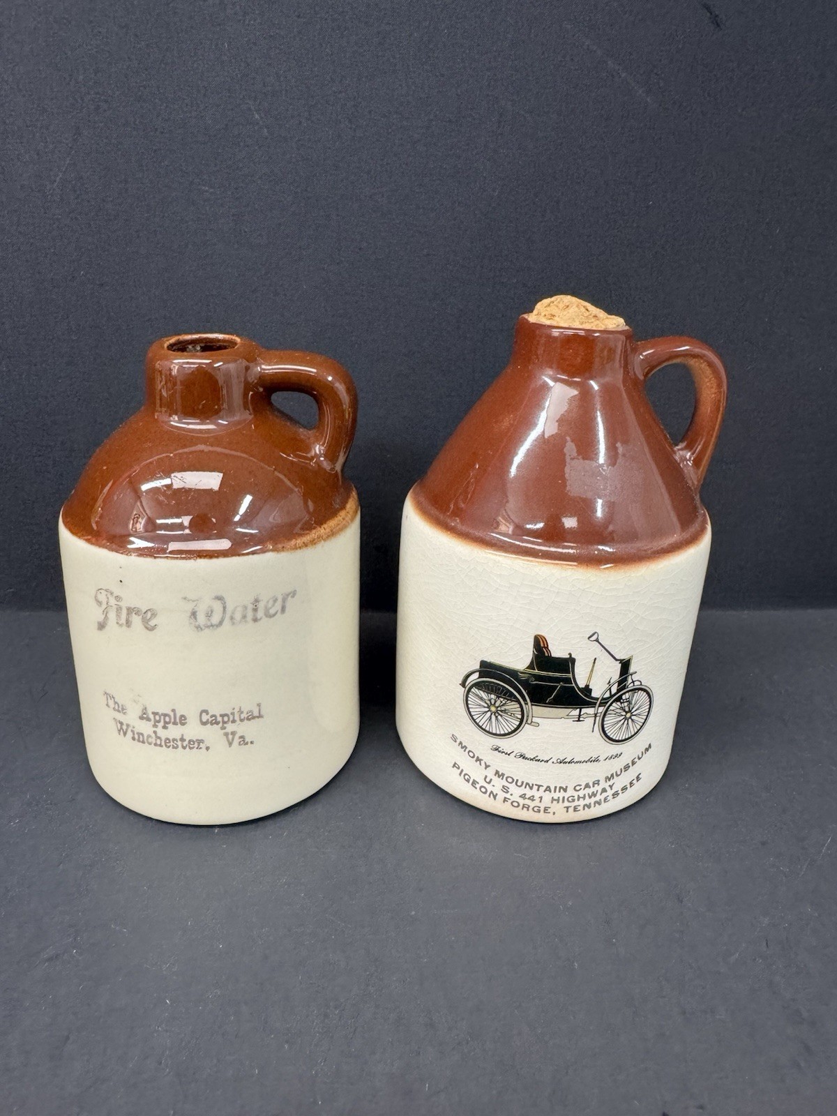 Vintage Stoneware Souvenir Mini Jugs Fire Water Smoky Mountain Car Museum Lot 2