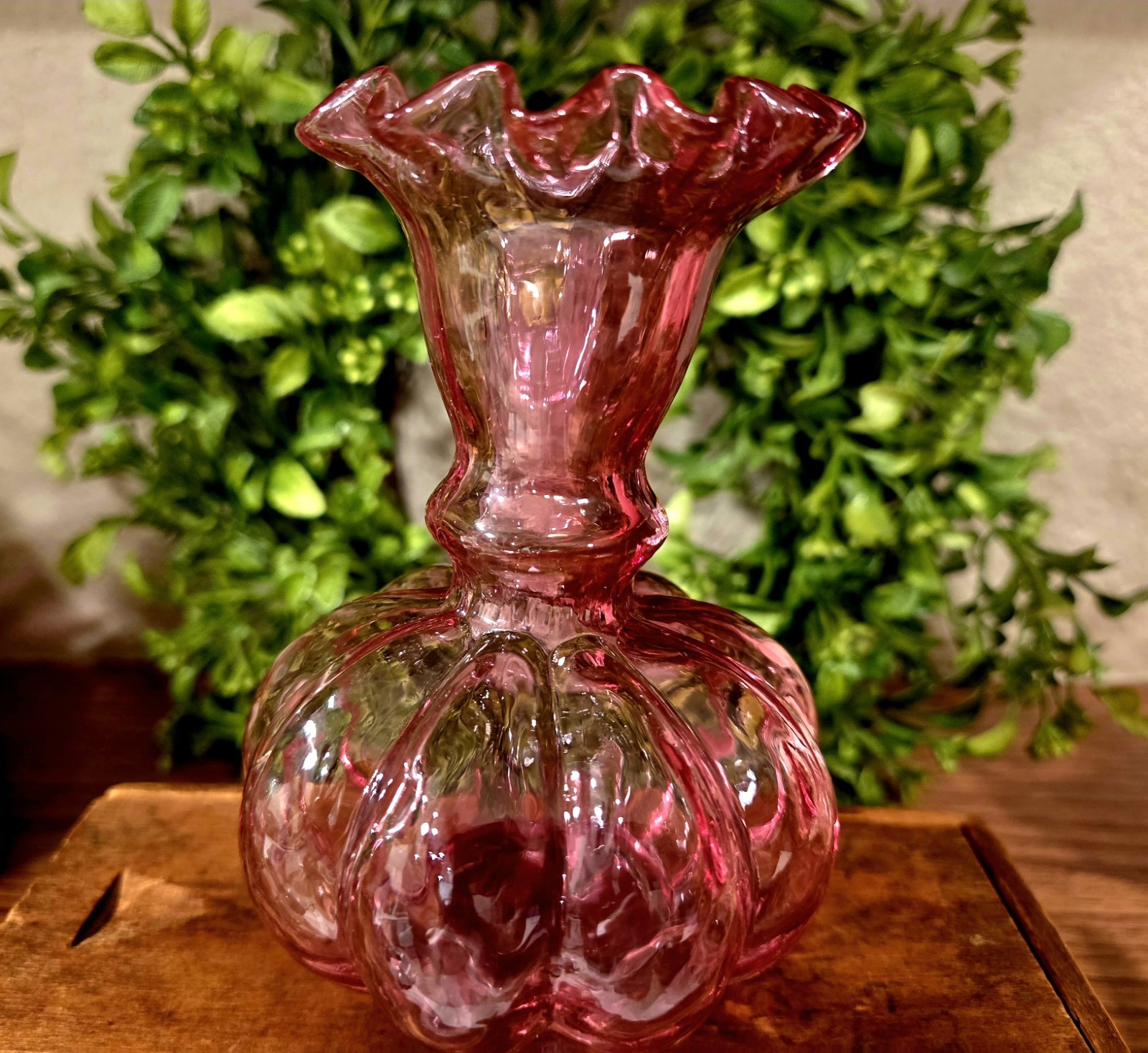 Vintage Fenton Cranberry Glass Diamond Optic Melon Vase 5\