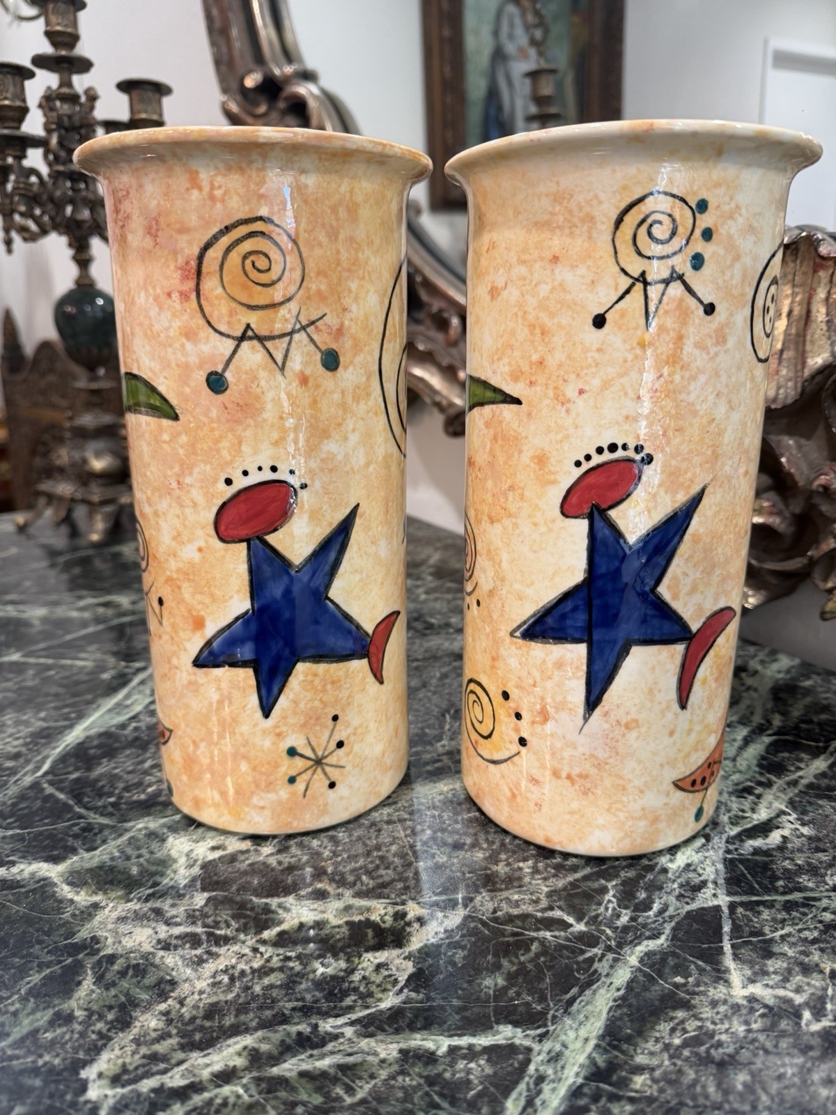 Very Unique Pair Of Hand Painted Ceramic vases By KMG dated 1997 Very Unique Pair Of Hand Painted Ceramic vases By KMG dated 1997
