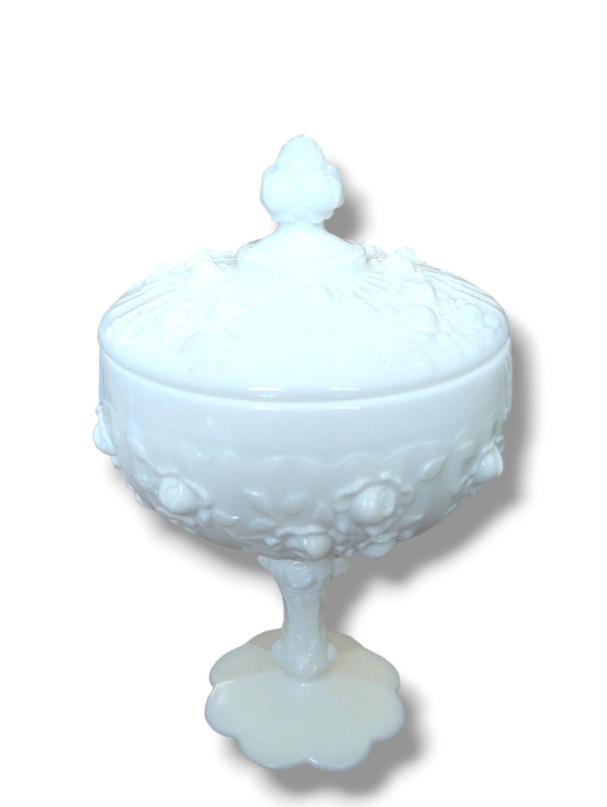 Fenton Milk Glass Cabbage Rose Covered Candy Dish Bowl Pedestal Foot Compote