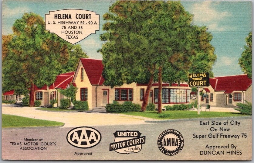 HOUSTON, Texas Postcard HELENA COURT Motel / Hwy 59 Roadside - LINEN c1950s