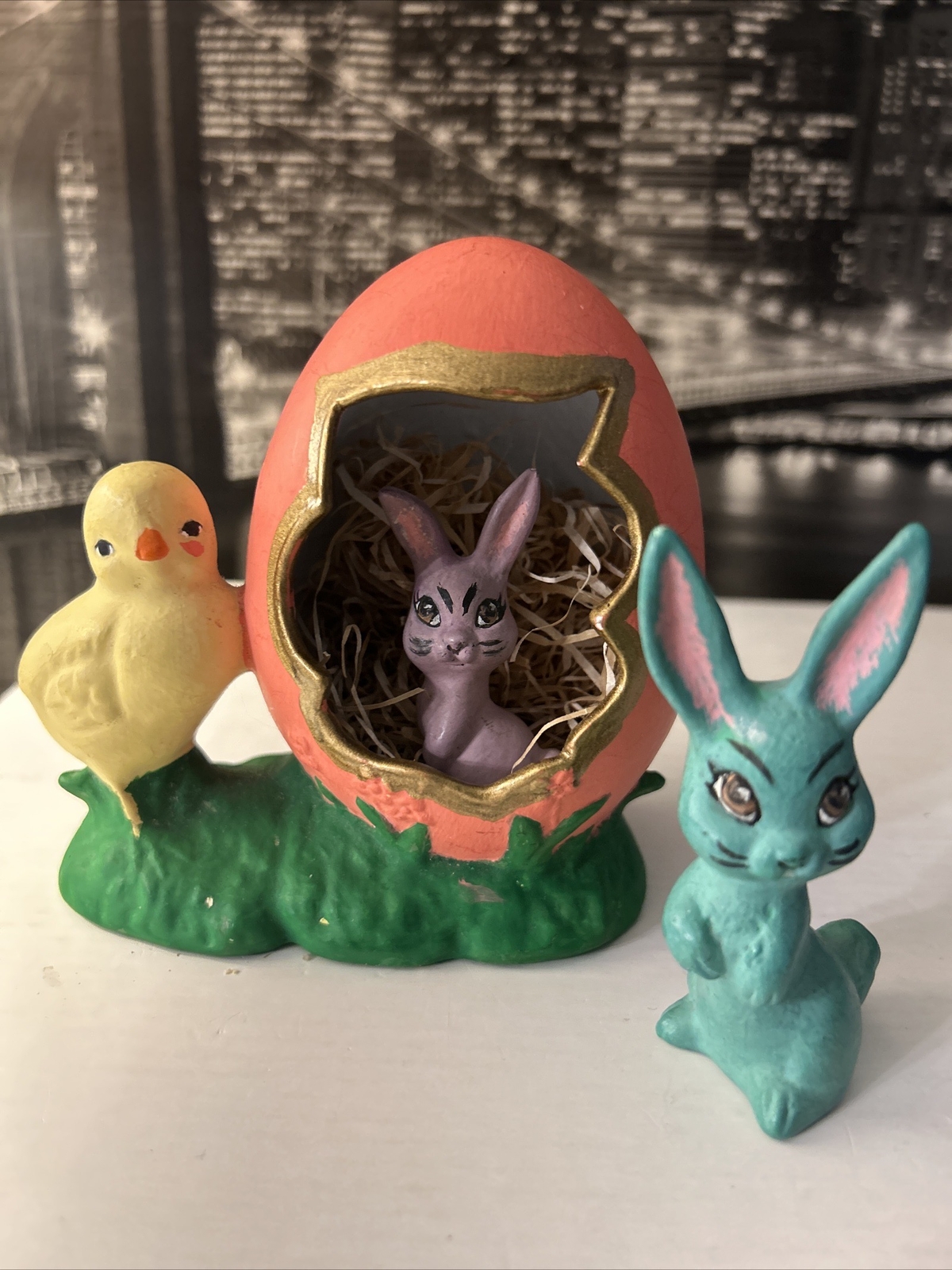 Vintage 1975 Atlantic Holland Mold Ceramic Easter Decoration Bunnies Chick Rare Vintage 1975 Atlantic Holland Mold Ceramic Easter Decoration Bunnies Chick Rare