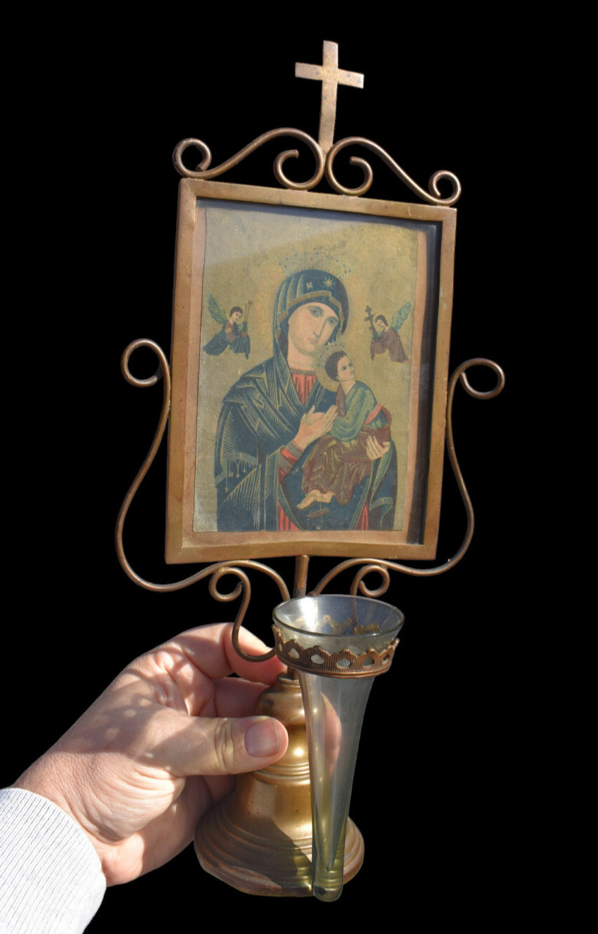 Vintage 1950 TAble icon madonna reliquary statue religious praying