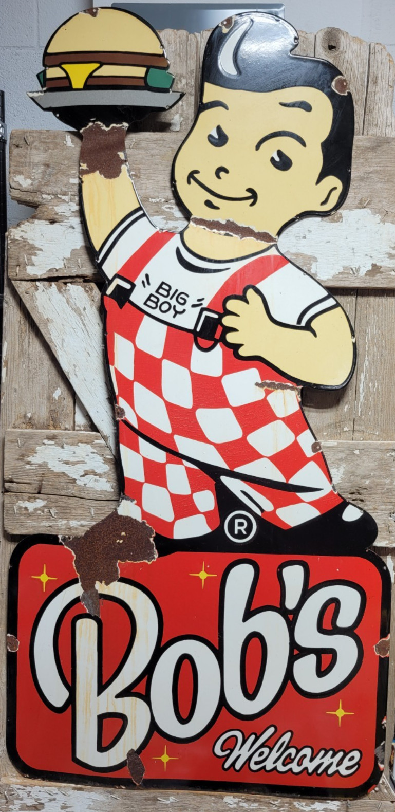 VINTAGE BOBS BIG BOY PORCELAIN SIGN 5FT OLD FOOD DRIVE-IN RESTAURANT HAMBURGER