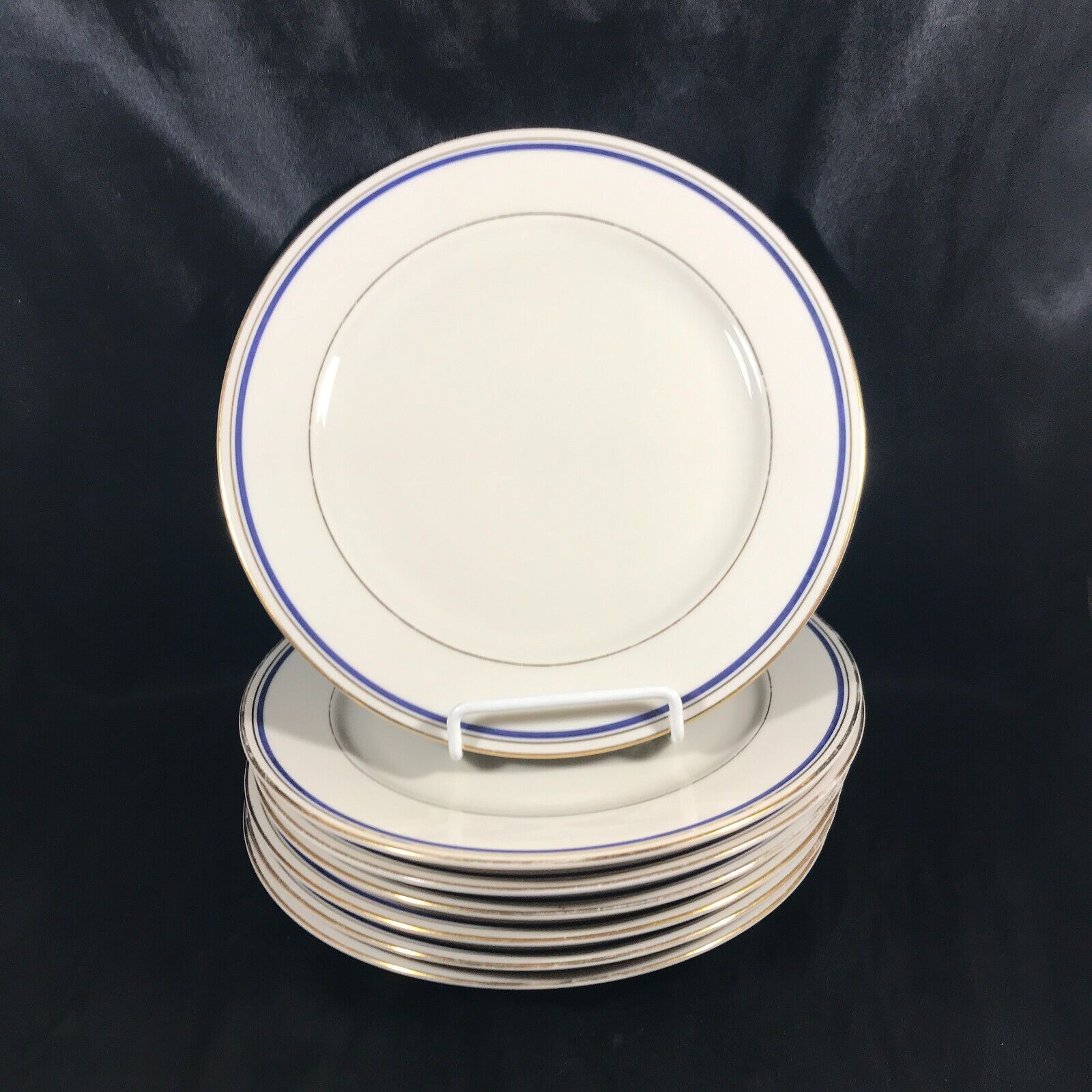 Set of 7 Vintage THOMAS IVORY Germany Porcelain Blue Gold Trim Salad Plates