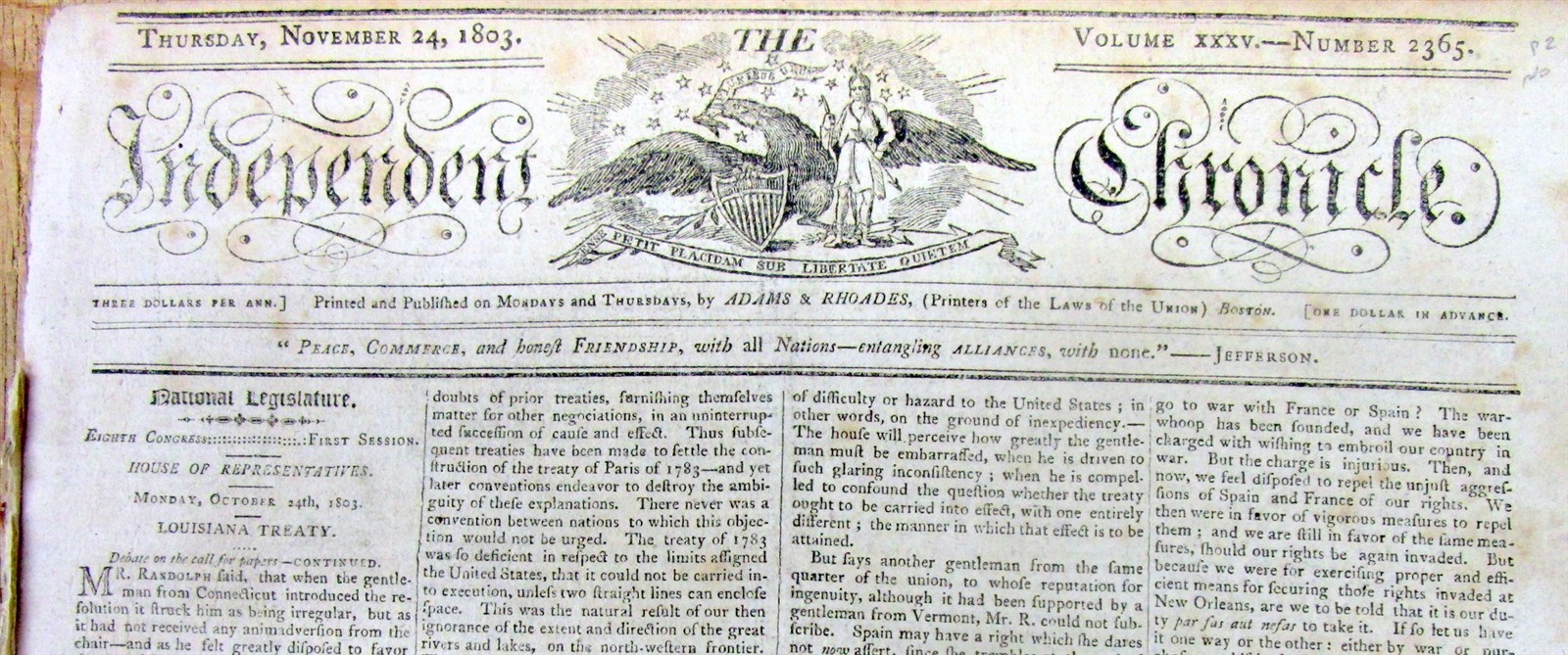 1803 newspaper w DESCRIPTION of NEW ORLEANS at time of THE LOUISIANA PURCHASE