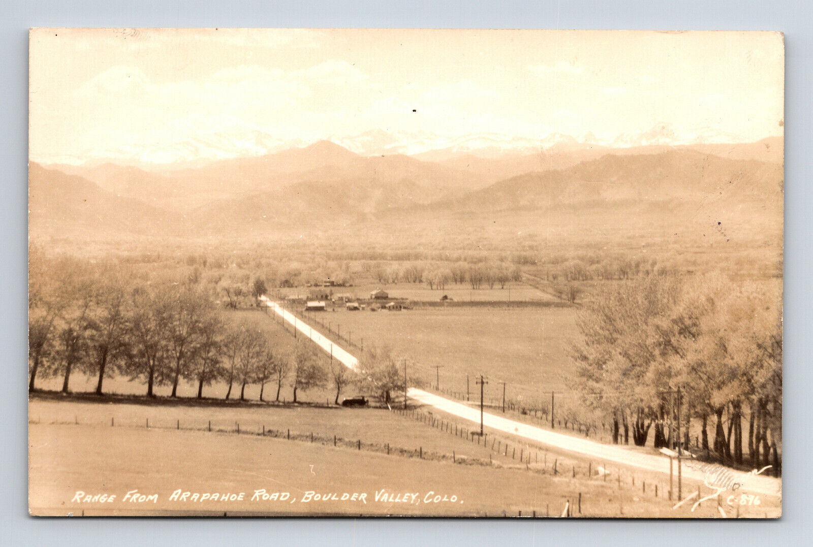RPPC Scenic View of Arapahoe Road Farms & Mountains Postcard