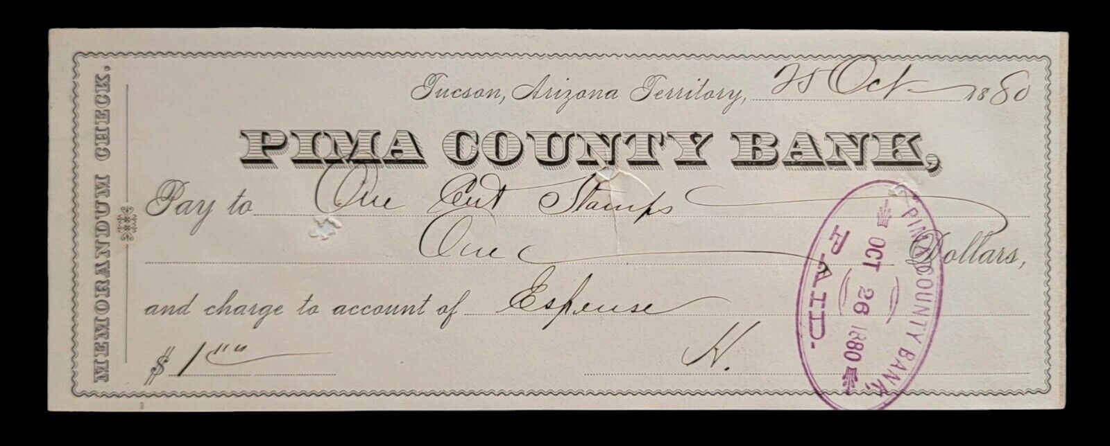 Pima County Bank Tuscon Arizona Territory Check Pay To: One Cent Stamps Unusual