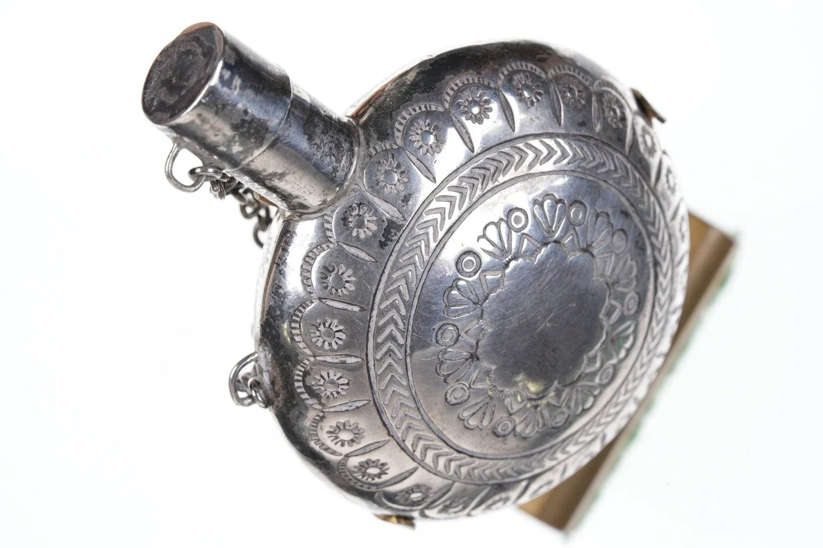 Antique Navajo Sterling Silver Tobacco Canteen Flask h