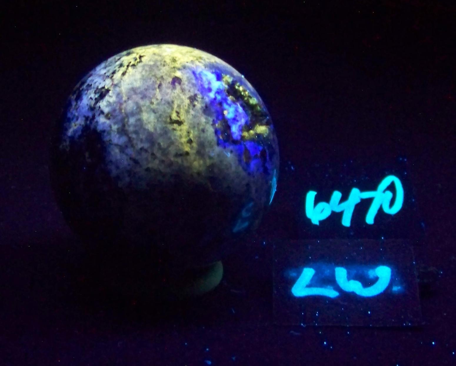 Fluorescent Fluorite-Plume Fluorite-Cerussite-Galena 54mm Sphere/UV Display 6470