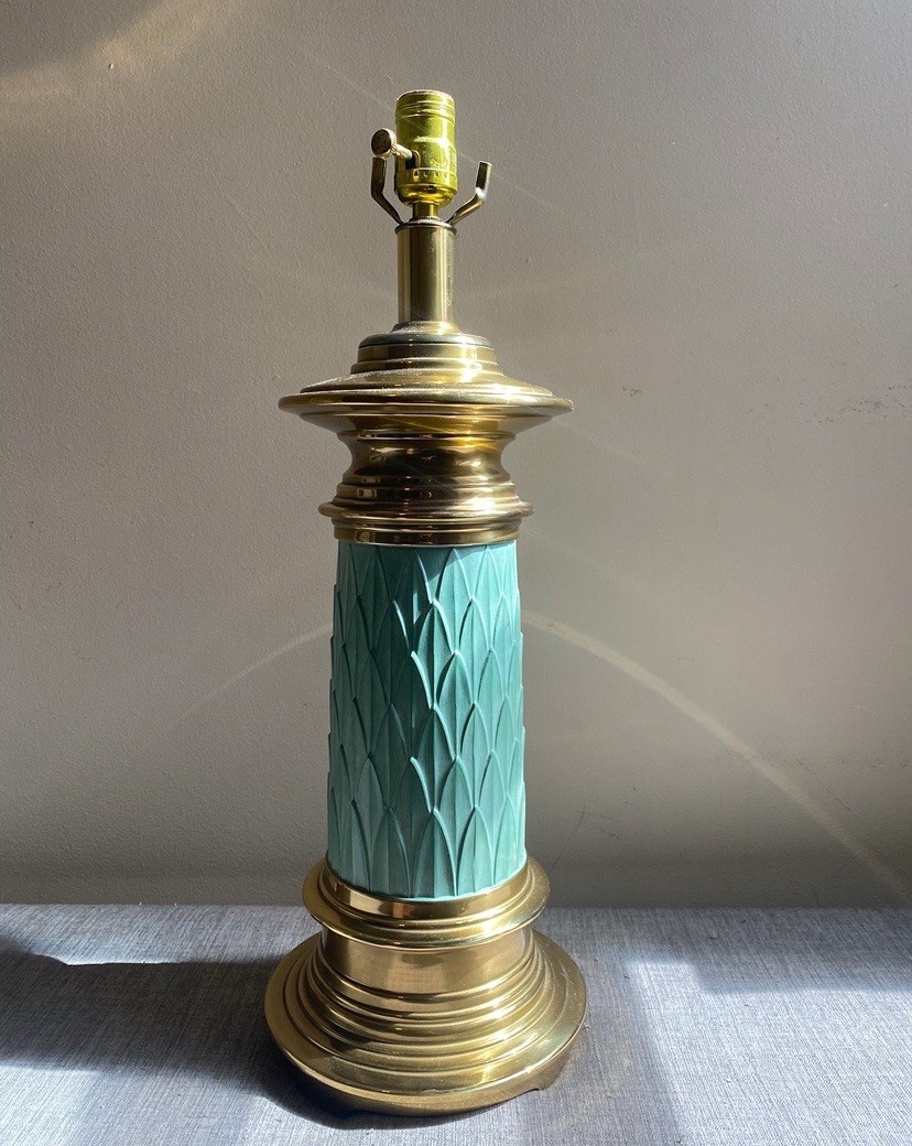 Art Deco Vintage Peggy Jacobs Brass And Celadon Leaf Column Table Lamp