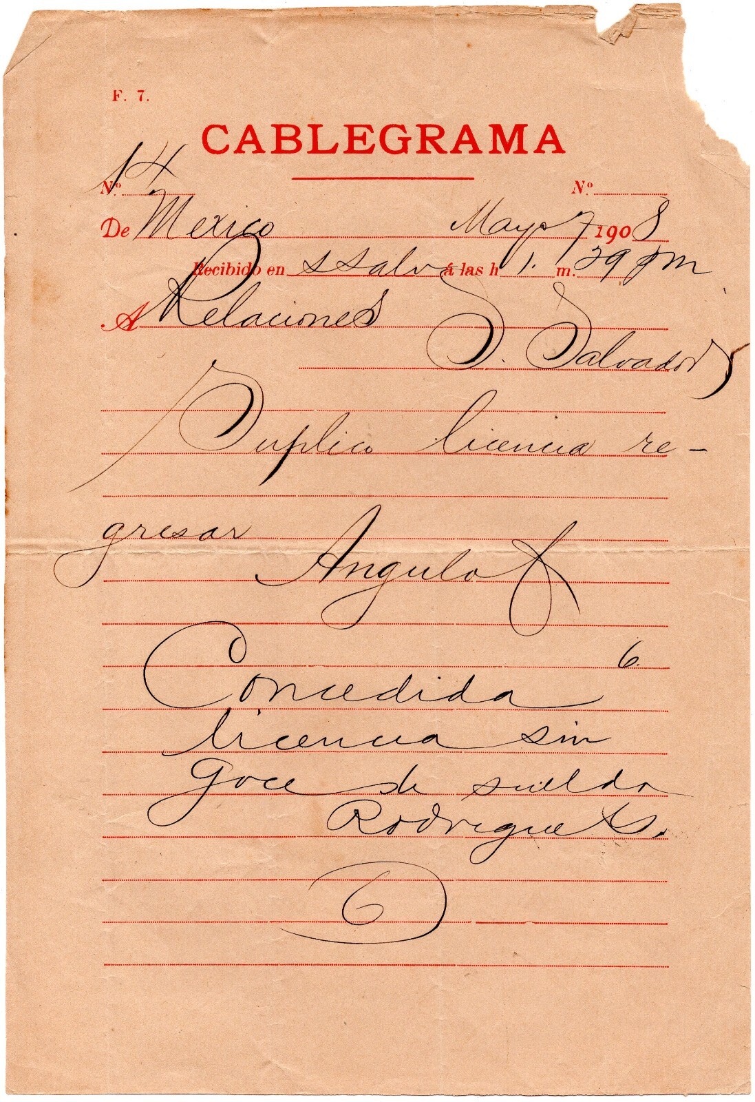 1908 Cablegram from Mexico to El Salvador
