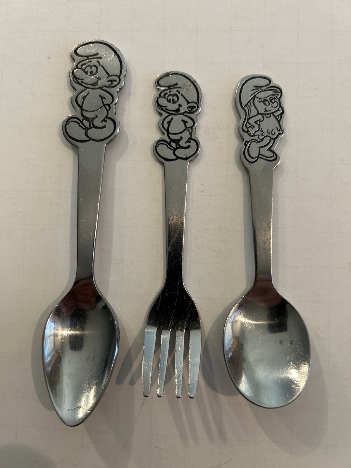 3 Vintage 1980's SMURFS Stainless Steel Fork & Spoon by Peyo Danara