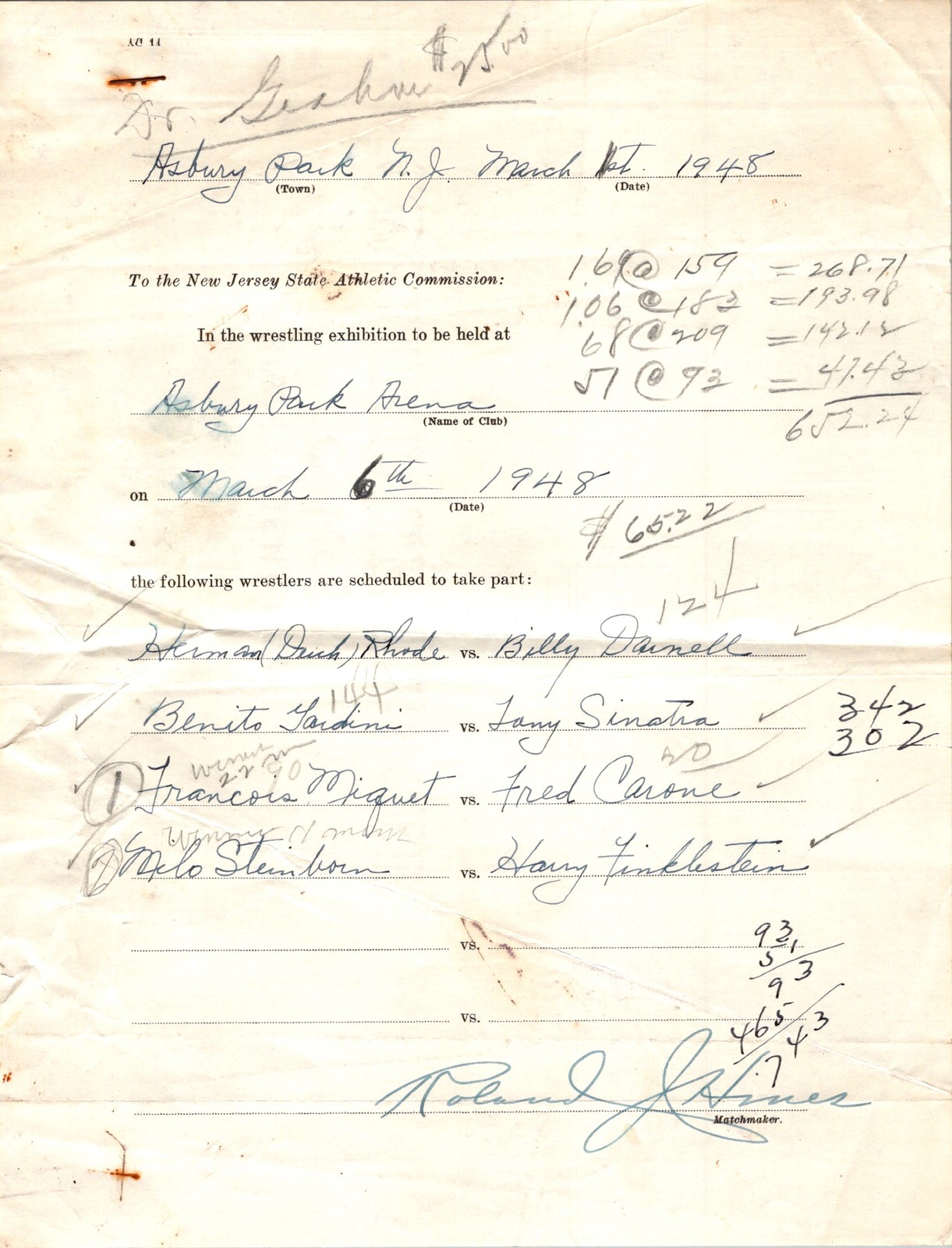 1948 NJ AC-14 Wrestling Report Asbury Park Arena Rhode Darnell & Gardini