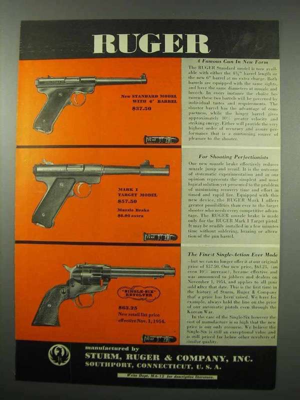 1954 Ruger Gun Ad - Standard; Mark I Target +