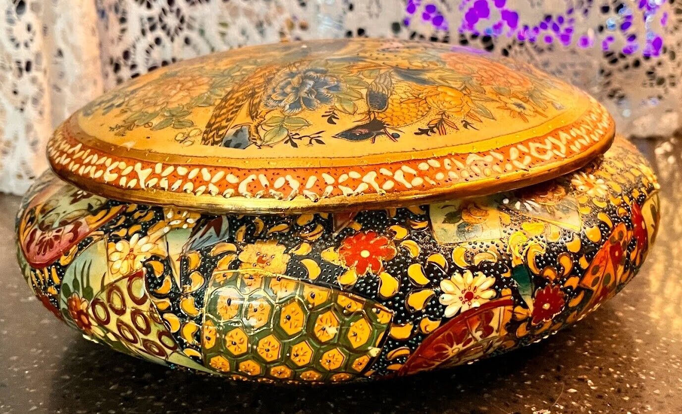 Covered Dish Bowl Asian deco Royal Satsuma Gold gilt Moriage  Hand Painted  Gift