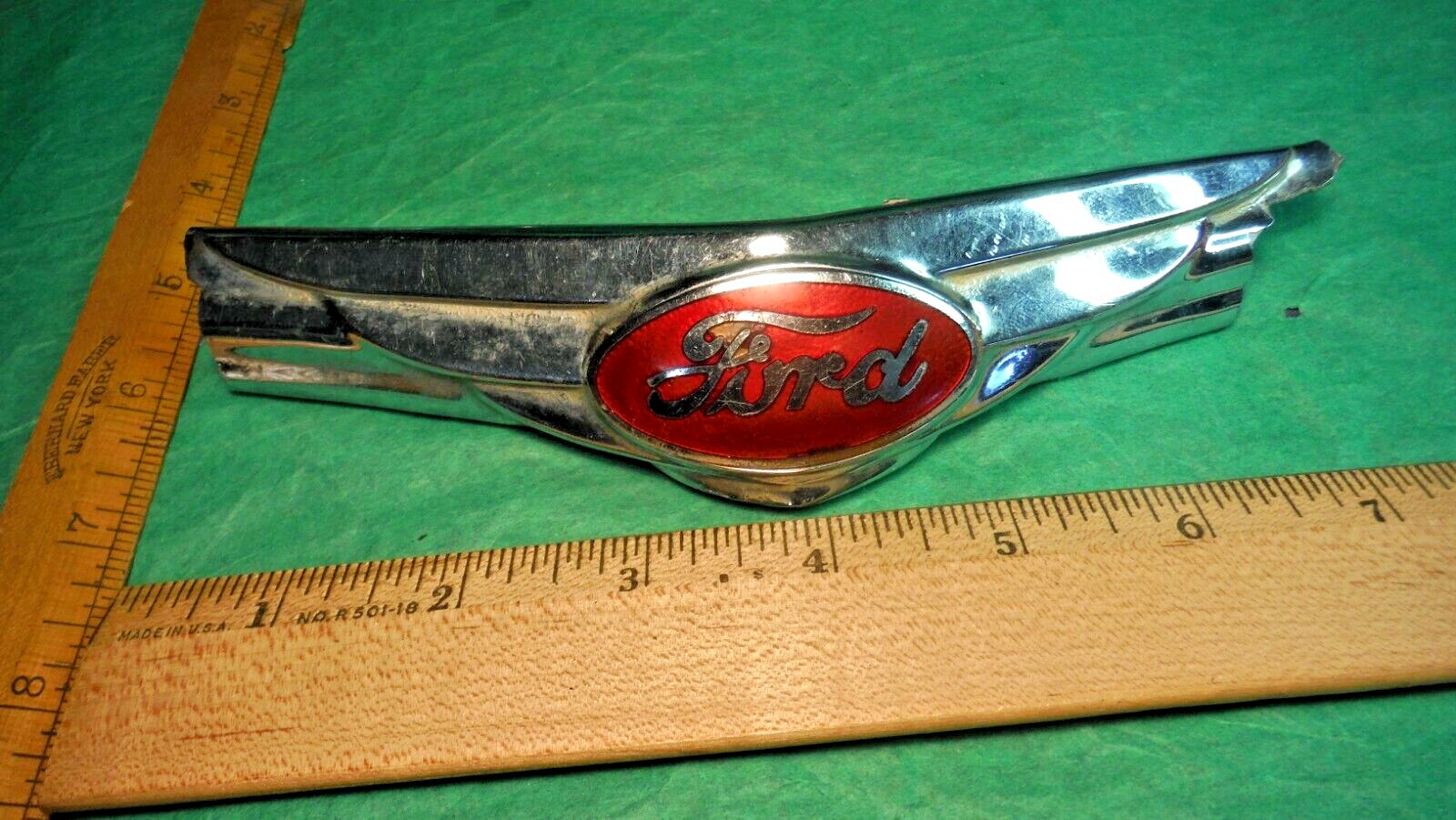 BK87 Ford Perfect E93A Hood Nose Emblem Vintage Red Enamel 1938-48 J FRAY