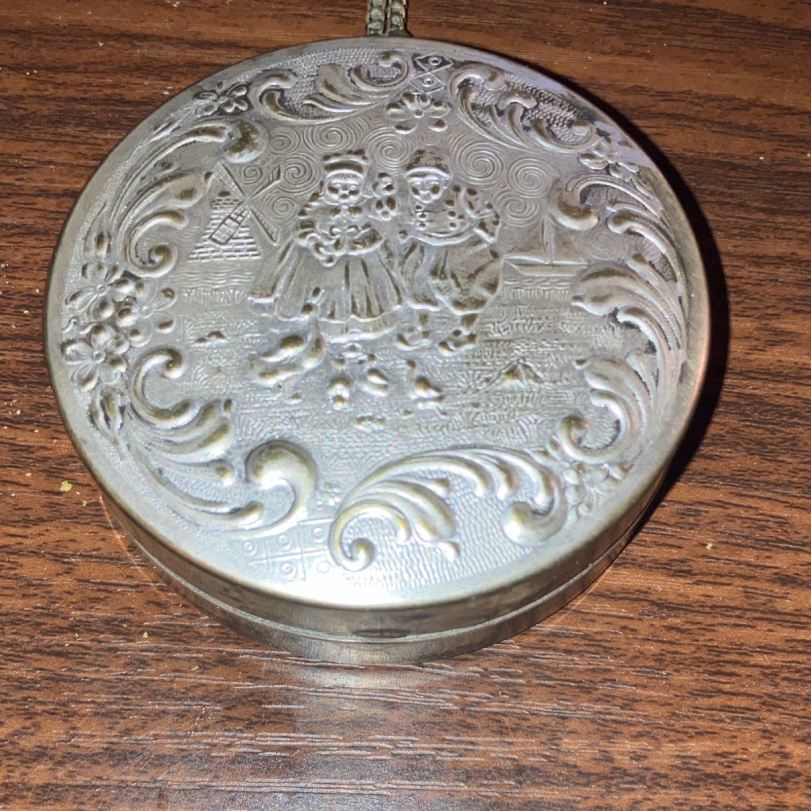 Antique Wristlet Dutch Silver Plated Mirrored Compact Windmill Scene 1900s Rare