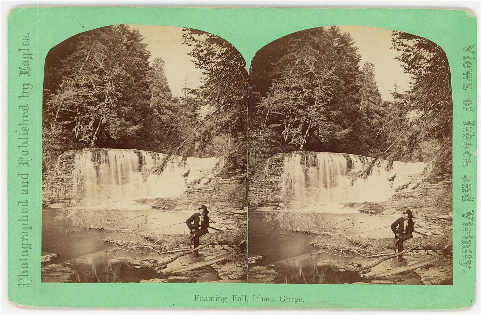 NEW YORK STEREOVIEW - Ithaca Gorge - Foaming Fall - JD Eagles 1880s