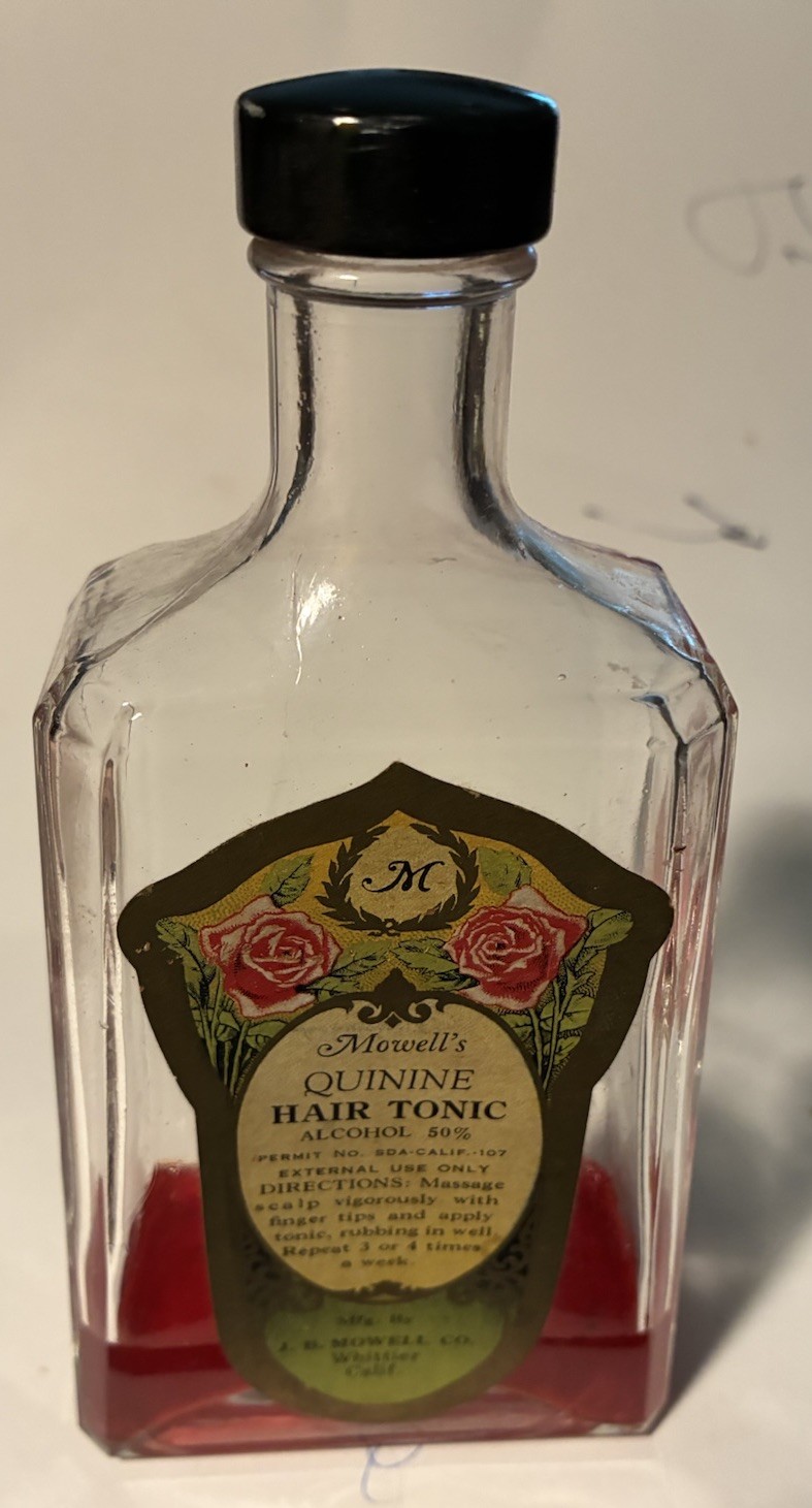 Vintage  J B Mowell’s Quinine Hair Tonic Bottle w/ Label Cap Whittier Calif.
