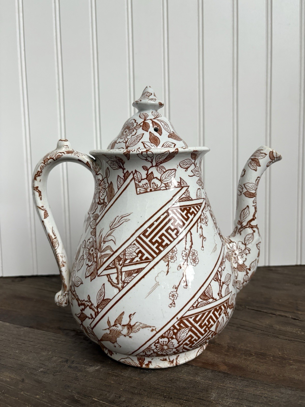 Rare Antique Aesthetic Period Brown Transferware Teapot Chinoiserie