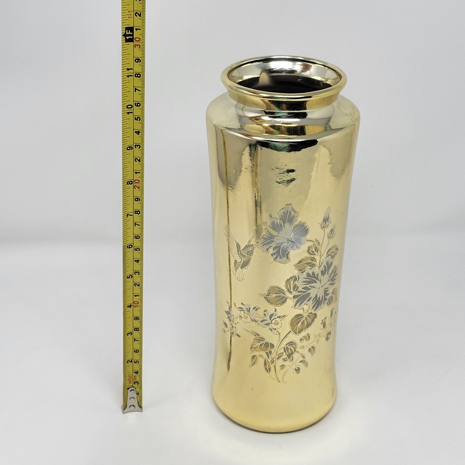Japanese Mercury Glass Hummingbird & Flowers Etched Vase Large Mid 50's