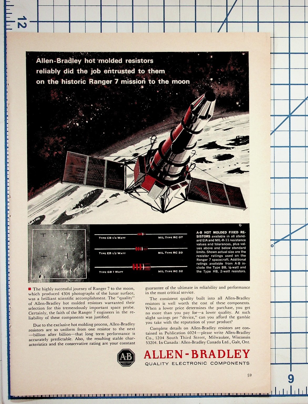 Vintage 1960s Allen-Bradley Ranger 7 Moon Mission Spacecraft Ad Ephemera