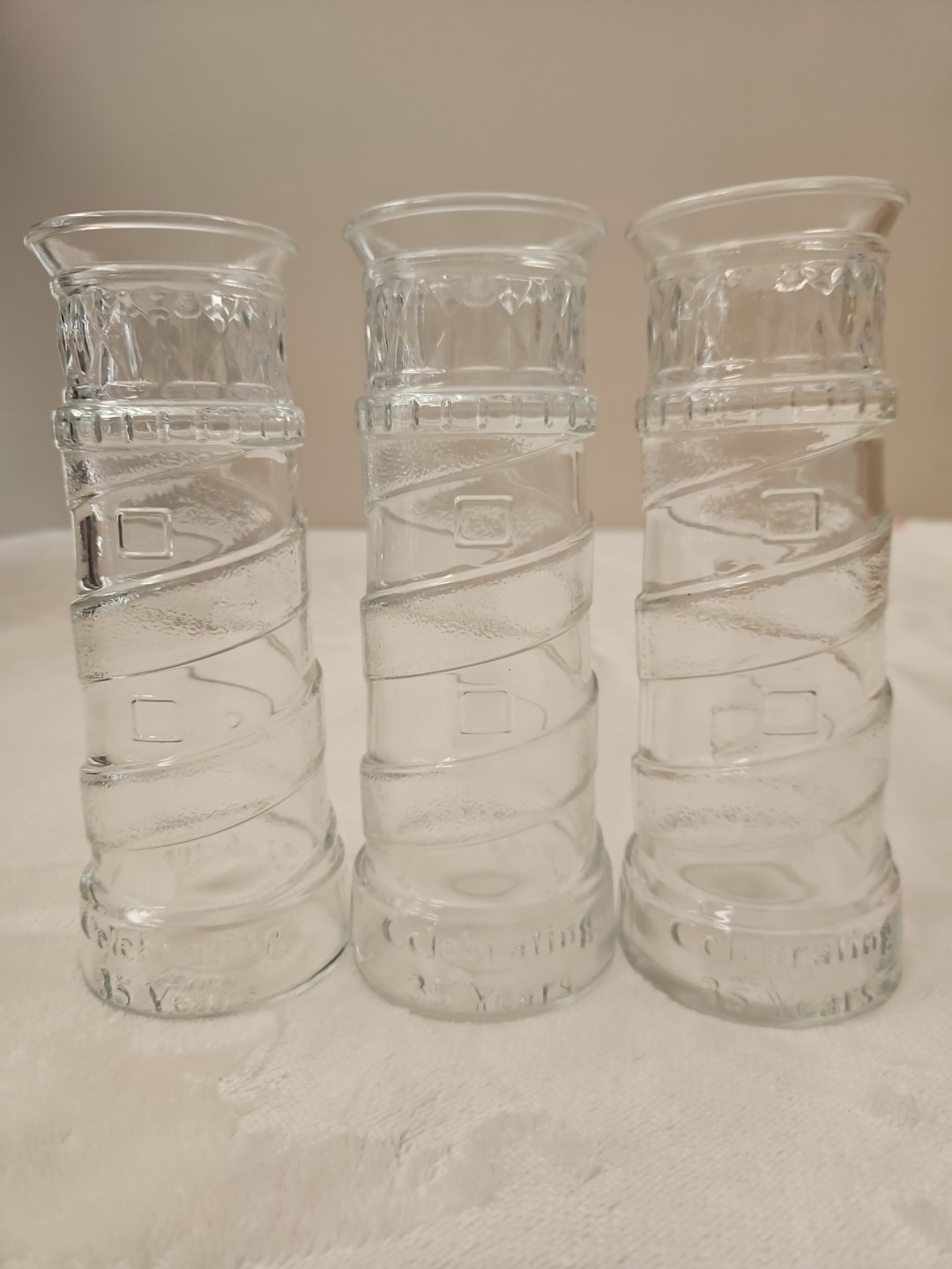 Lot of 3 Vintage Red Lobster Lighthouse Glasses 35th Anniversary Clear Vases