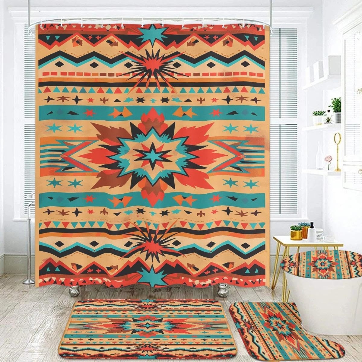 Navajo Southwestern Bathroom Set, 4-Piece with Shower Curtain 71x71, Bath Mat Navajo Southwestern Bathroom Set, 4-Piece with Shower Curtain 71x71, Bath Mat